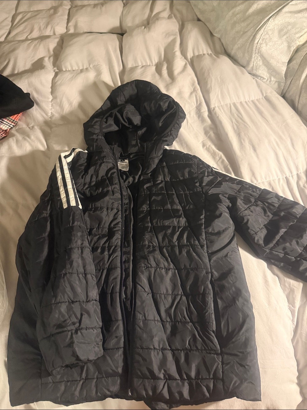 adidas Black Quilted Hooded Puffer Jacket with White Shoulder Stripes